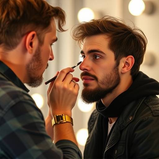 Image d'un acteur en train de suivre une formation en techniques de maquillage de scène, avec un maquilleur professionnel.