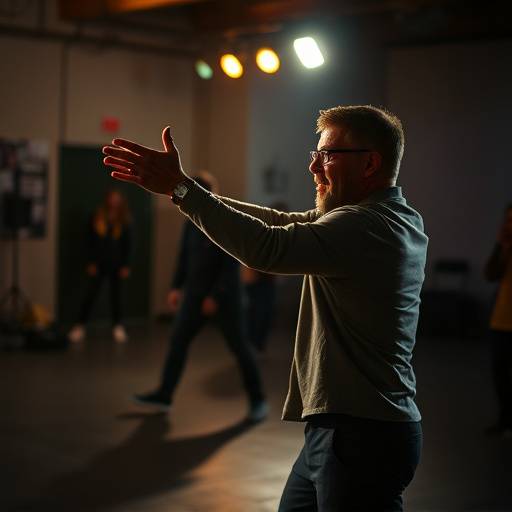 Image d'un acteur participant à un atelier de théâtre de mouvement, en train d'exprimer des émotions à travers son corps.