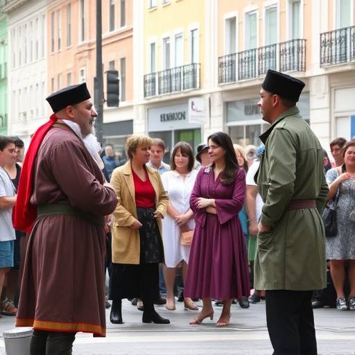 Image d'un groupe d'acteurs en costumes participant à un atelier de théâtre de rue, interagissant avec le public.
