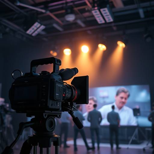 Image d'un plateau de tournage avec une caméra, des projecteurs et une équipe de tournage.