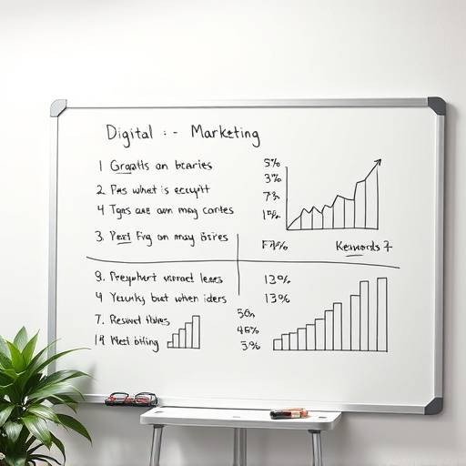 Image d'un tableau blanc avec des graphiques et des mots liés au marketing numérique.