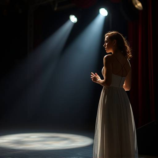 Image d'une actrice sur scène, éclairée par des projecteurs, en train de jouer une scène dramatique.