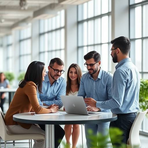 Image d'une équipe collaborative travaillant ensemble dans un espace de bureau moderne.