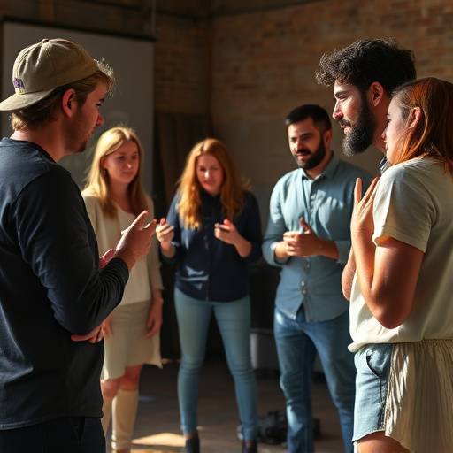 Image de plusieurs acteurs participant à un atelier d'improvisation, en train de créer une scène ensemble.