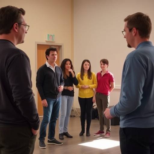 Image de plusieurs acteurs répétant une pièce de théâtre avec un metteur en scène, dans un studio de répétition.