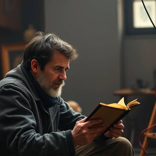Un acteur en train de travailler sur la psychologie de son personnage, entouré de notes et de références.